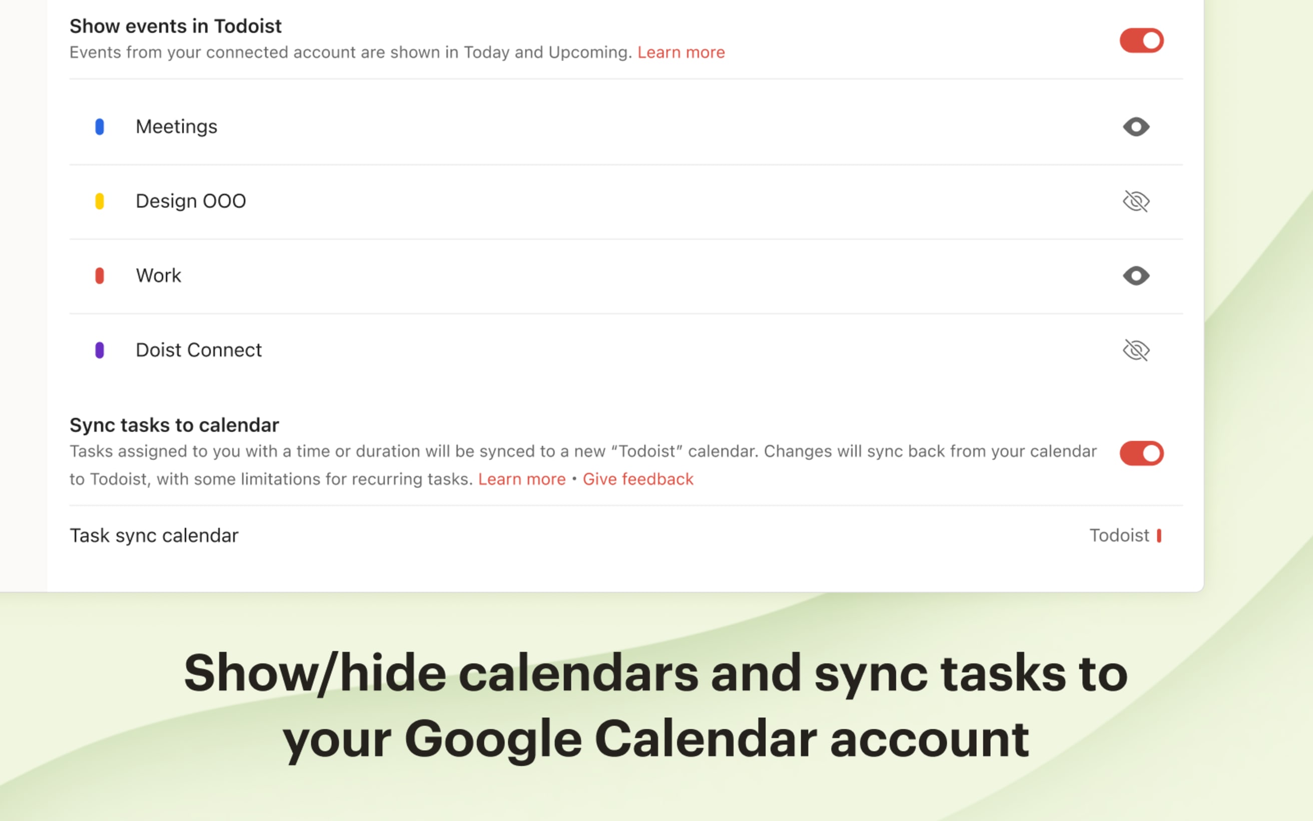 Mostrar/Ucultar calendarios y sincronizar tareas con tu cuenta de Google Calendar