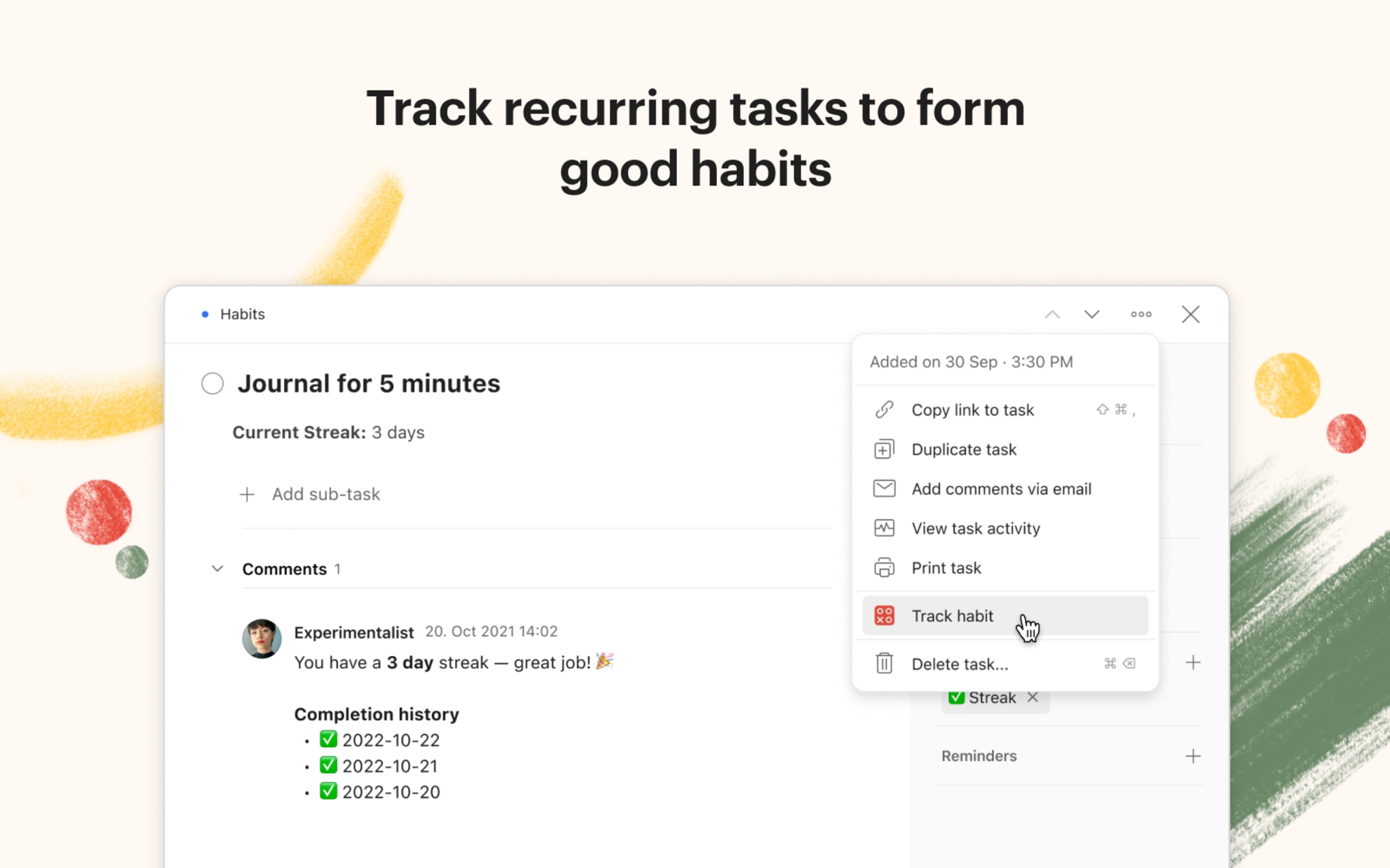 Vista de tareas del Habit Tracker 