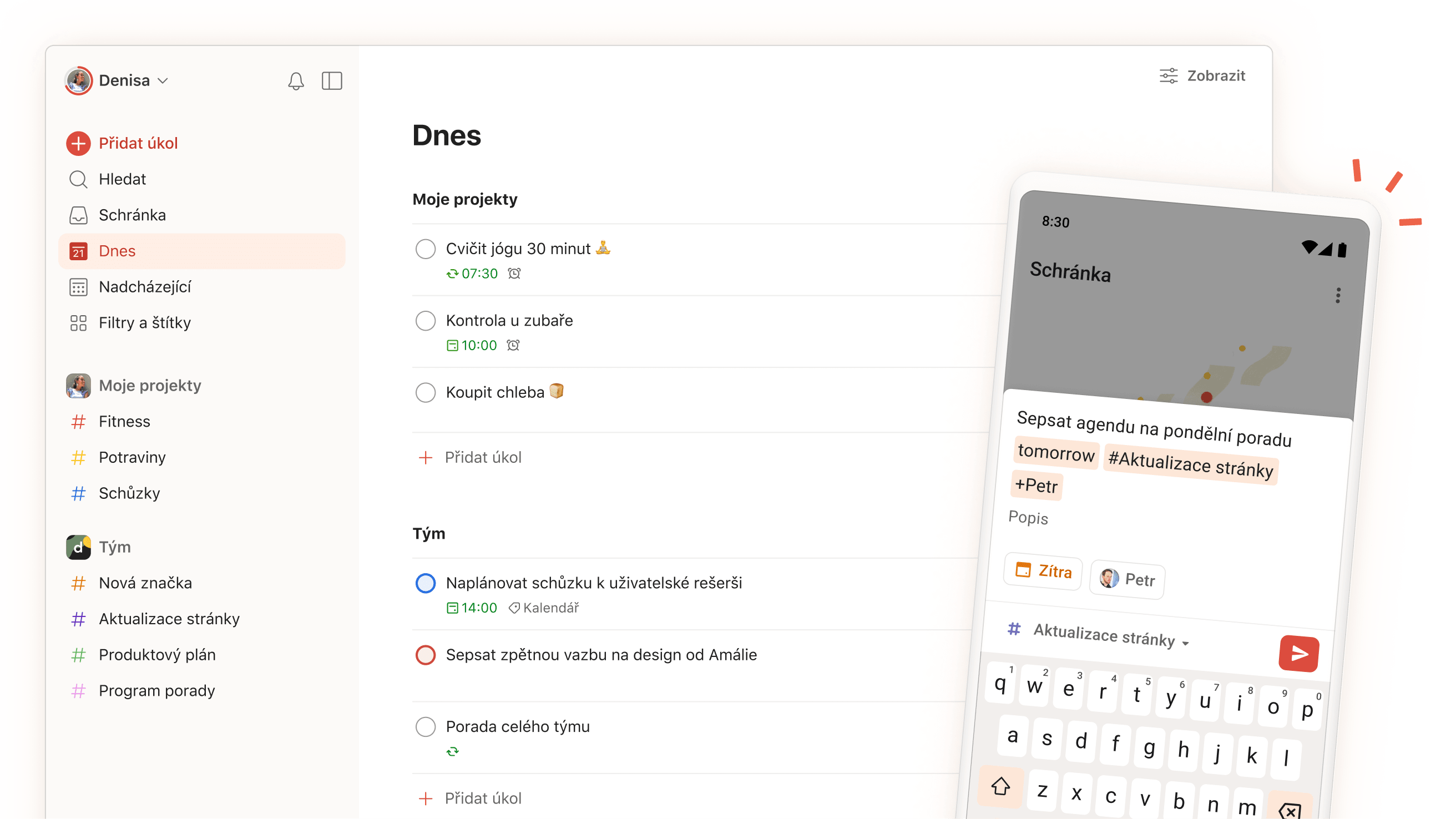 Rozhraní aplikace Todoist zobrazující denní úkoly, todo, projekty a týmové oddíly s pohledem na obrazovku pro zadávání úkolů na mobilním zařízení.